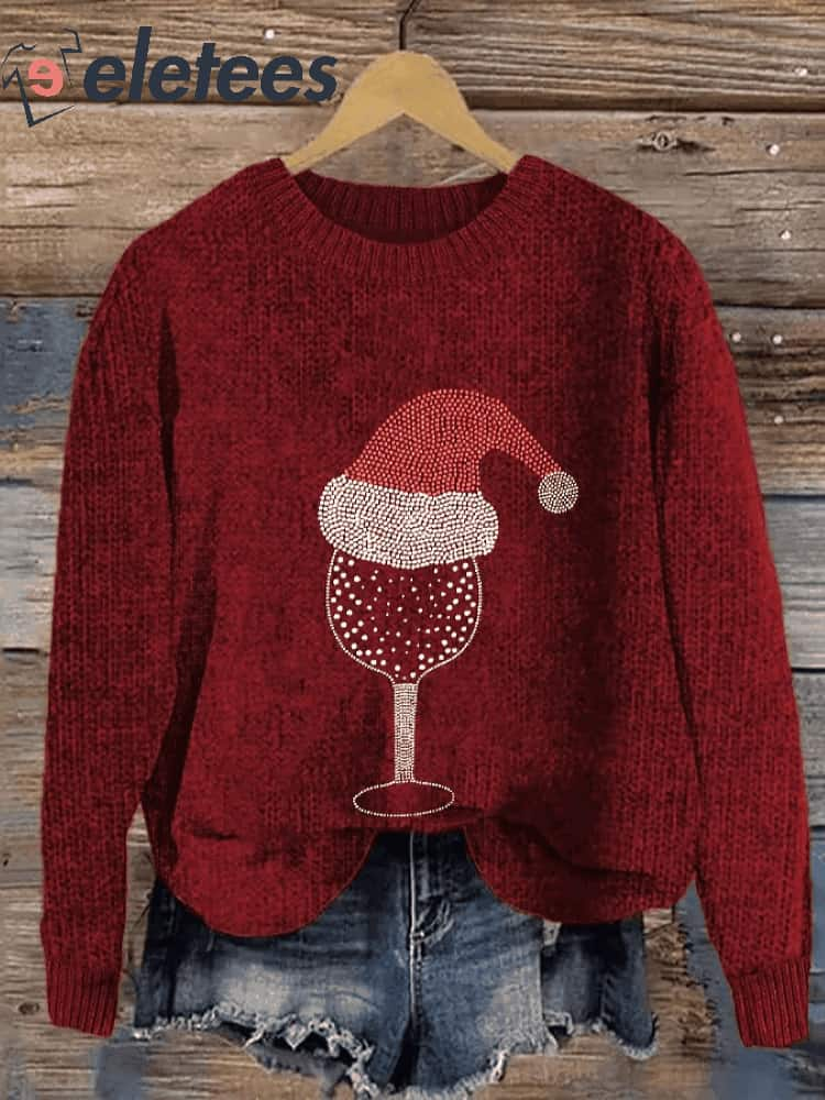 Women's Christmas Jewelry Red Wine Glass Print Sweater