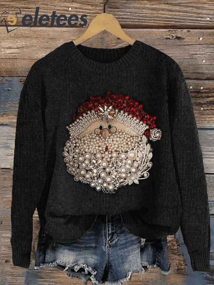 Women's Cute Christmas Santa Claus Jewel Art Crew Neck Sweatshirt