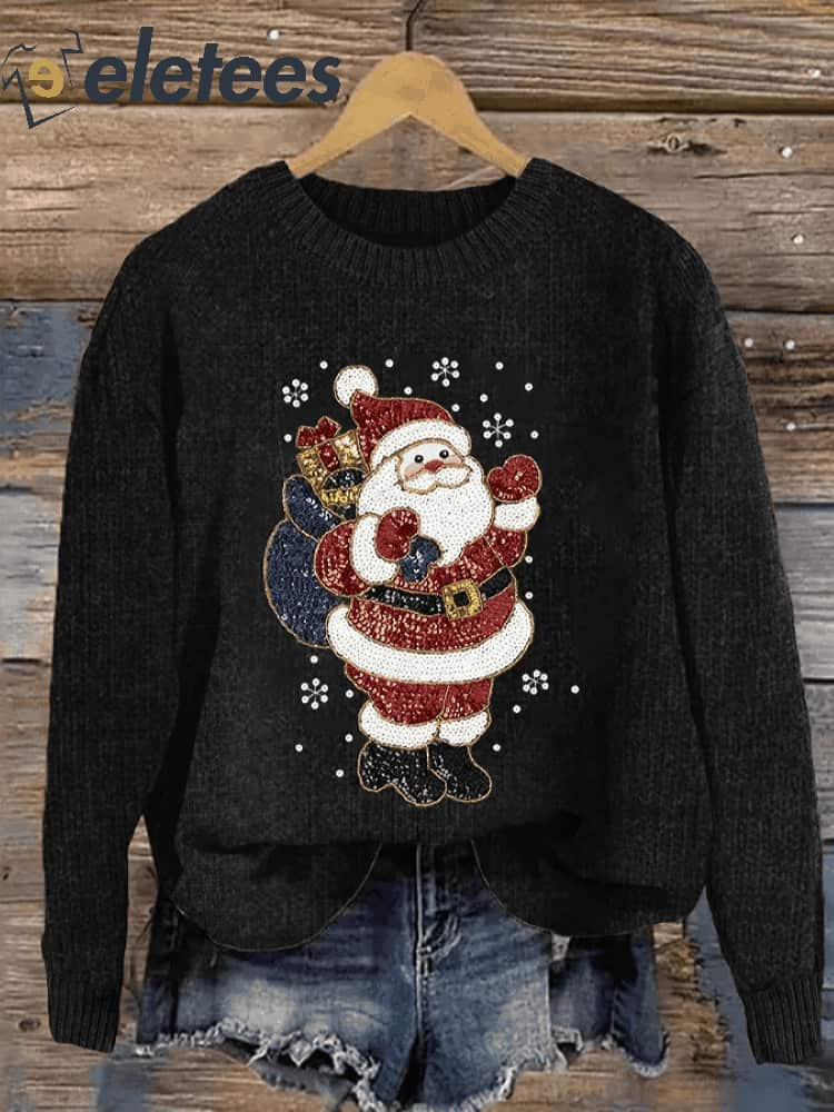 Women's Sequin Santa Claus Print Christmas Casual Sweatshirt