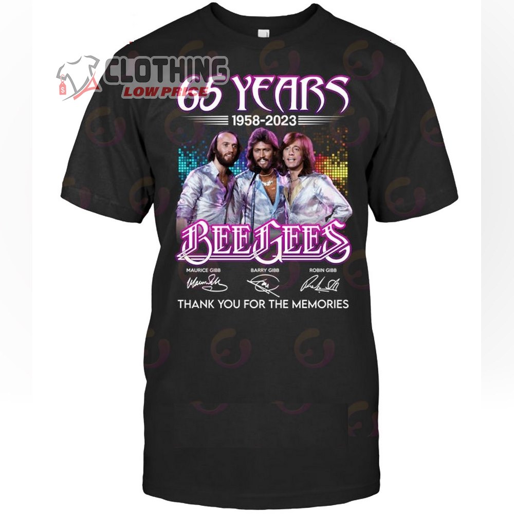 Bee Gees World Tour 2023 Merch, 65 Years 1958 - 2023 Bee Gees Thank You For The Memories Signatures T-Shirt