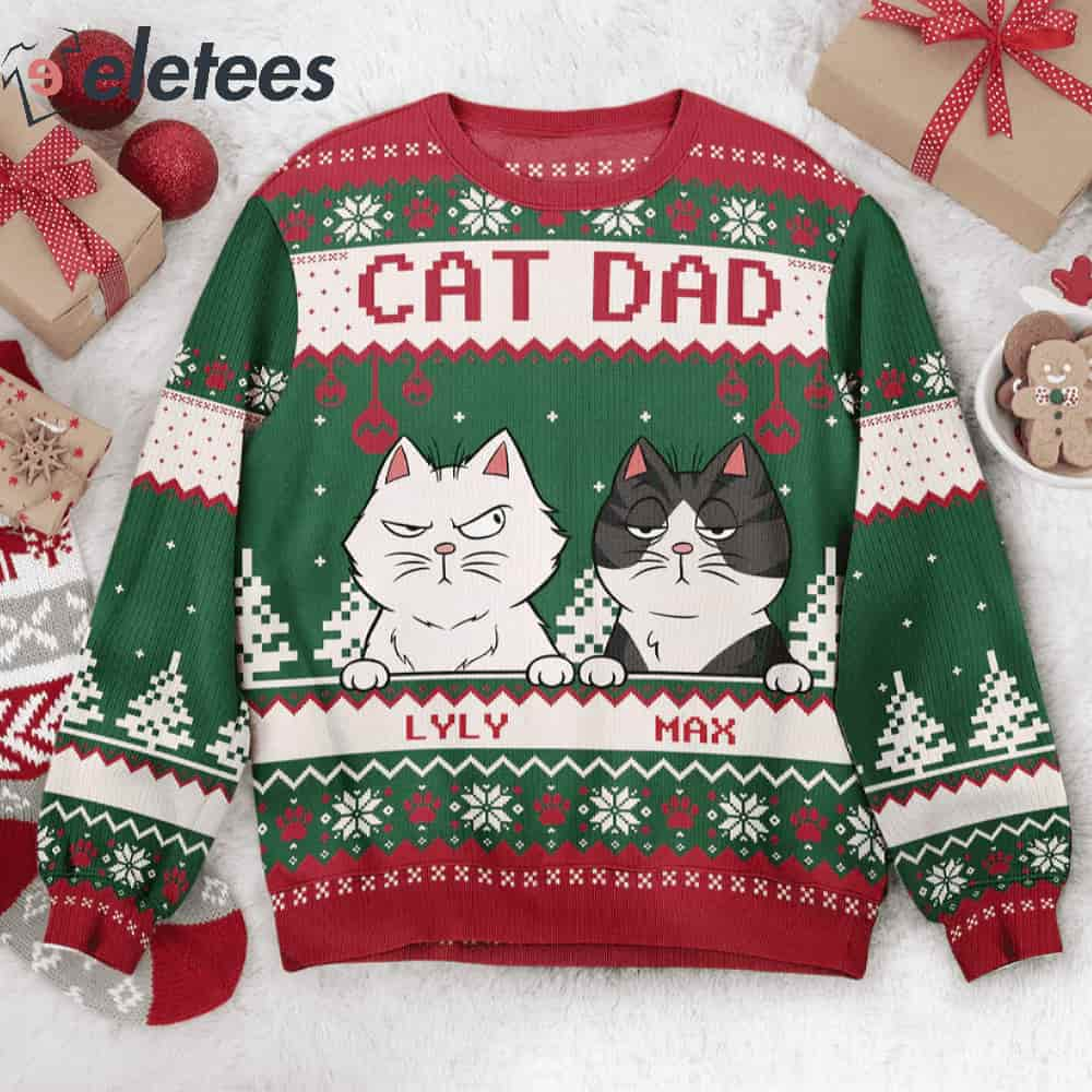 Best Cat Dad Ever Custom Name Ugly Christmas Sweater