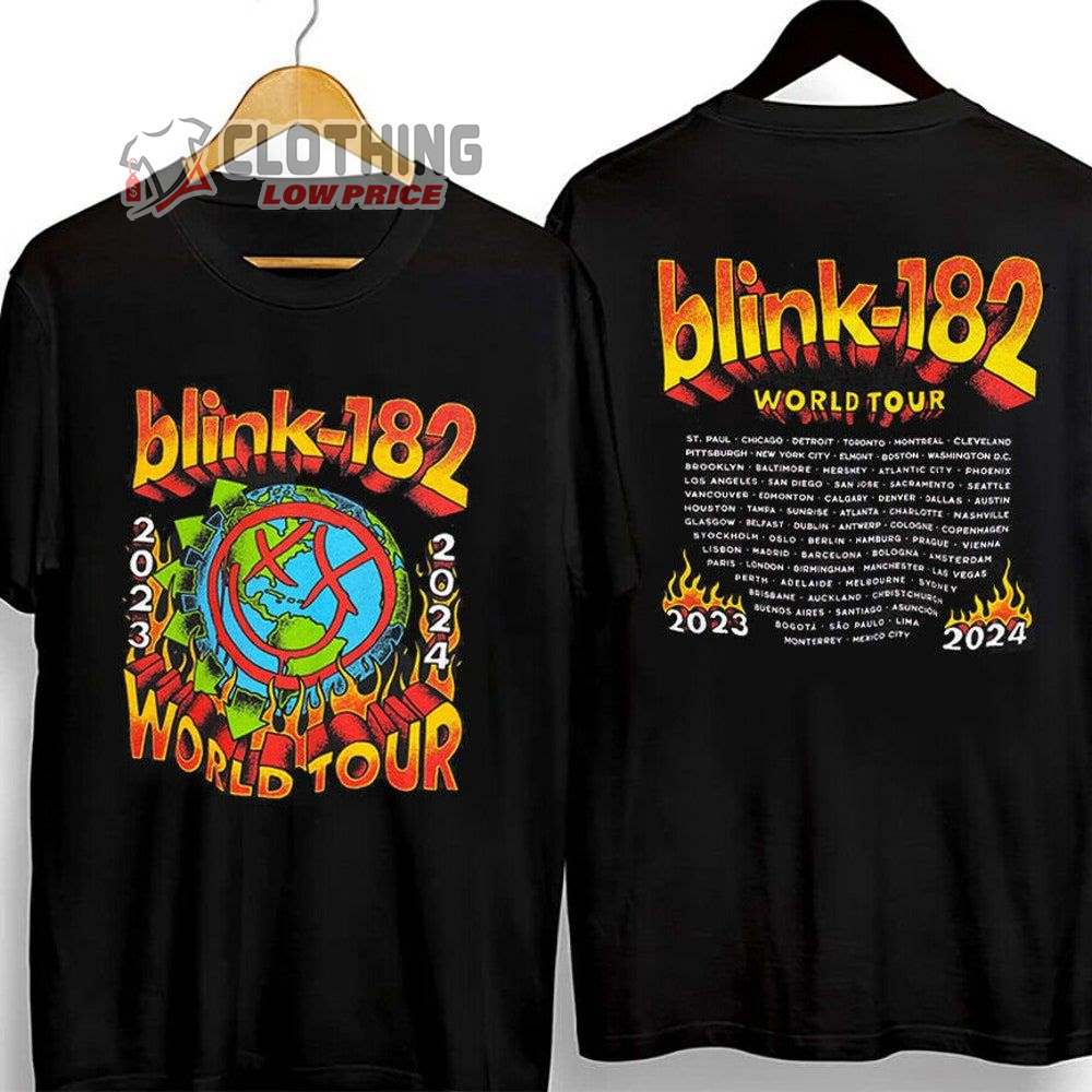 Blink-182 World Tour 2023-2024 Flames Merch, Blink-182 Rock And Roll Concert 2024 Shirt, Blink-182 Tour Dates 2023-2024 T-Shirt