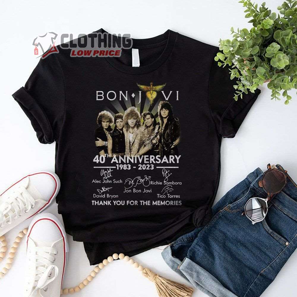 Bon Jovi 40Th Anniversary 1983-2023 Signatures Merch, Bon Jovi Thank You For The Memories T-Shirt