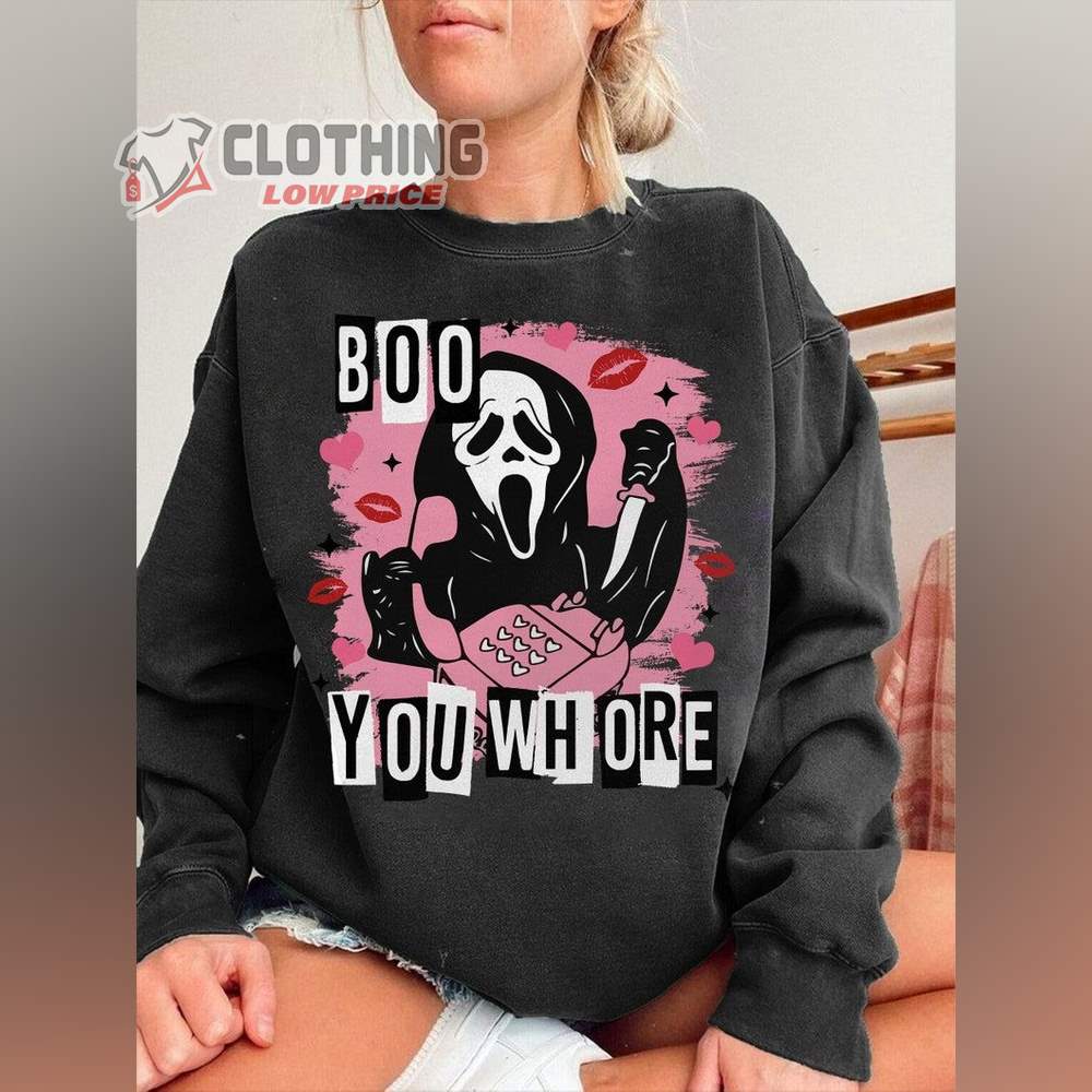 Boo Halloween Shirt, Boo You Whore T-Shirt, Vintage Scary Ghostface Scream, Spooky Ghost Holding Knife Shirt, Funny Ghost Calling Halloween, Halloween Gift