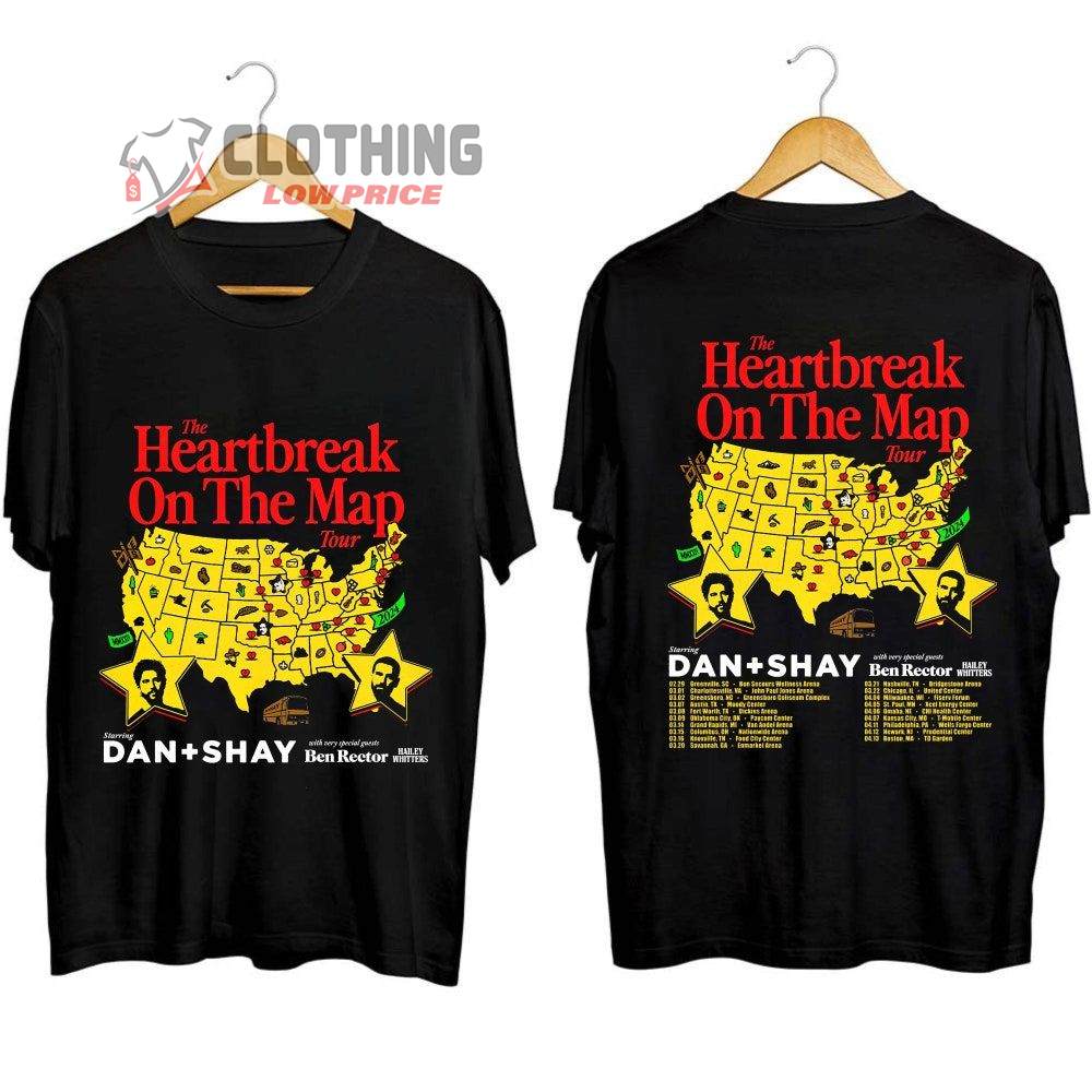 Dan And Shay Heartbreak On The Map Tour 2024 Merch, Dan + Shay Plot 19-City The Heartbreak On The Map Tour Shirt, Dan And Shay Tour Dates 2024 With Ben Rector And Hailey Whitters T-Shirt