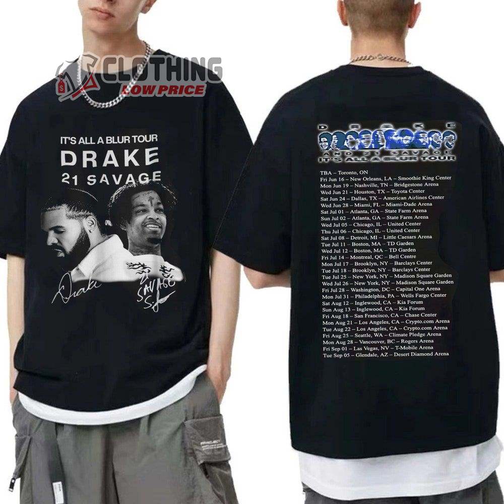 Drake It'S All A Blur Tour 2023 Setlist Merch, Drake  21 Savage Vintage Shirt Drake Tour 2023 Signatures T-Shirt