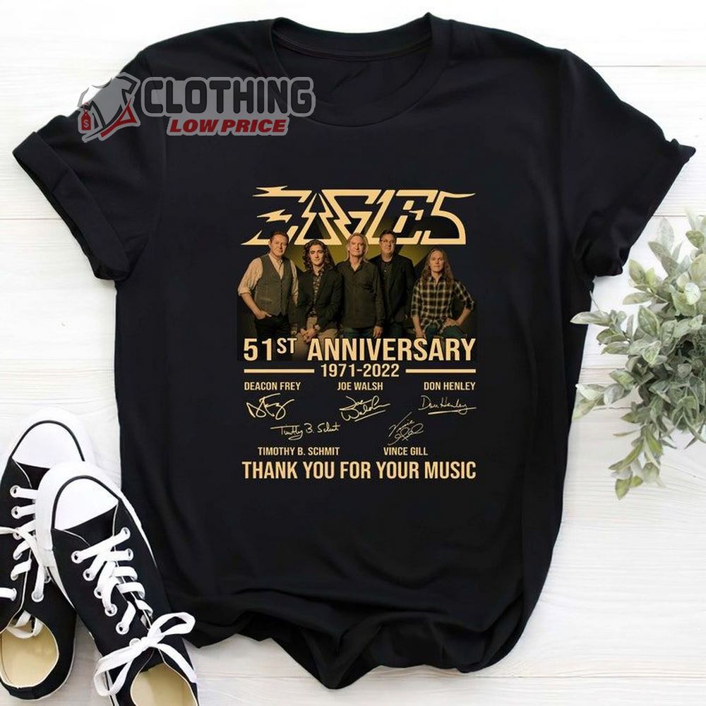 Eagles 51st Anniversary 1971-2022 Signatures Shirt, Eagles Rock Band Tour 2022-2023 Hotel California Merch