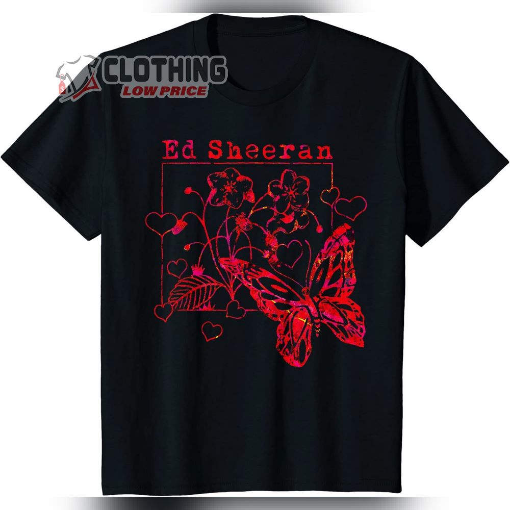 Ed Sheeran T-Shirt_Ed Sheeran Red Flowers Hearts and Butterflies Merch_Ed Sheeran Mathematics Tour 2023 T-Shirt