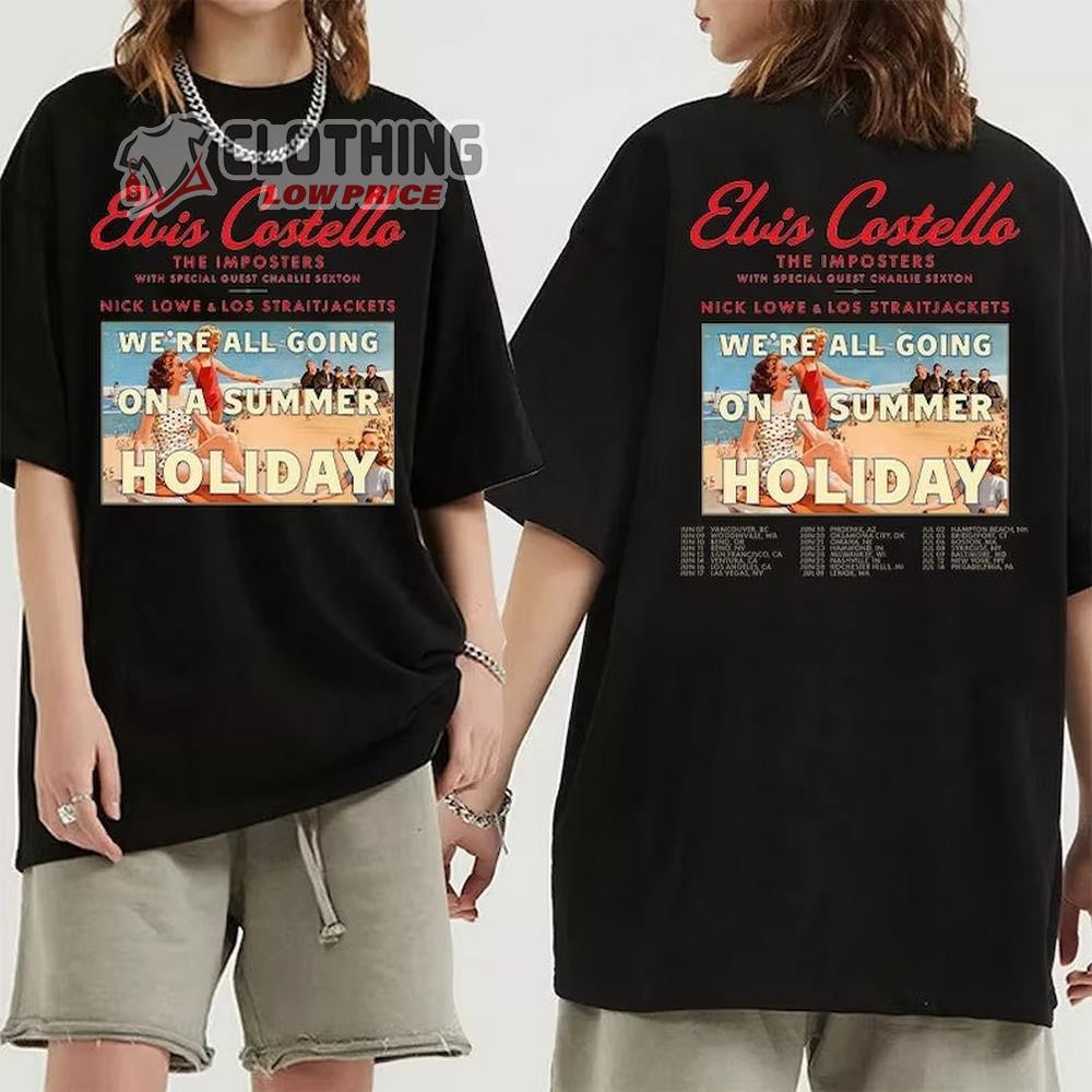 Elvis Costello We'Re All Going On A Summer Holiday Tour 2023 Merch, Elvis Costello 2023 Tour Setlist Shirt, Elvis Costello The Imposters T-Shirt