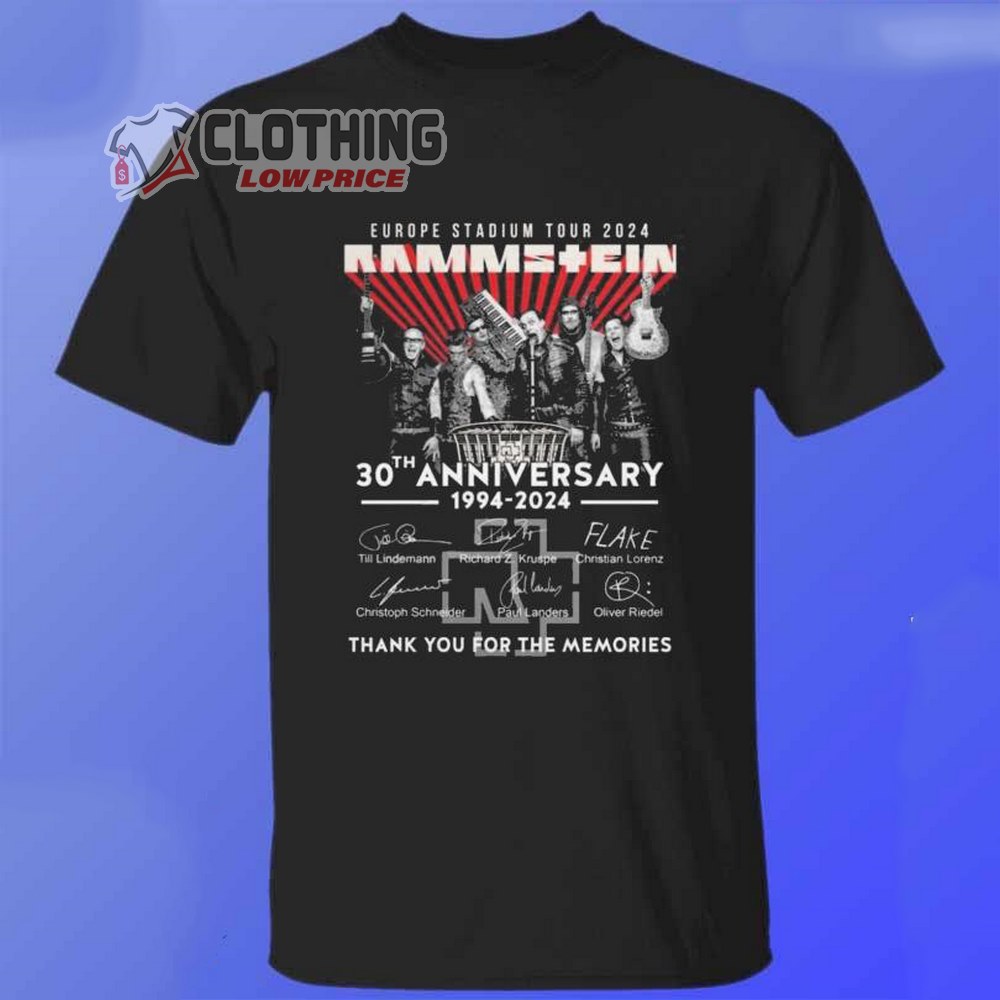 Europe Stadium Tour 2024 Rammstein Merch, Rammstein 30th Anniversary 1994 - 2024 Thank You For The Memories Signatures Shirt T-Shirt Hoodie