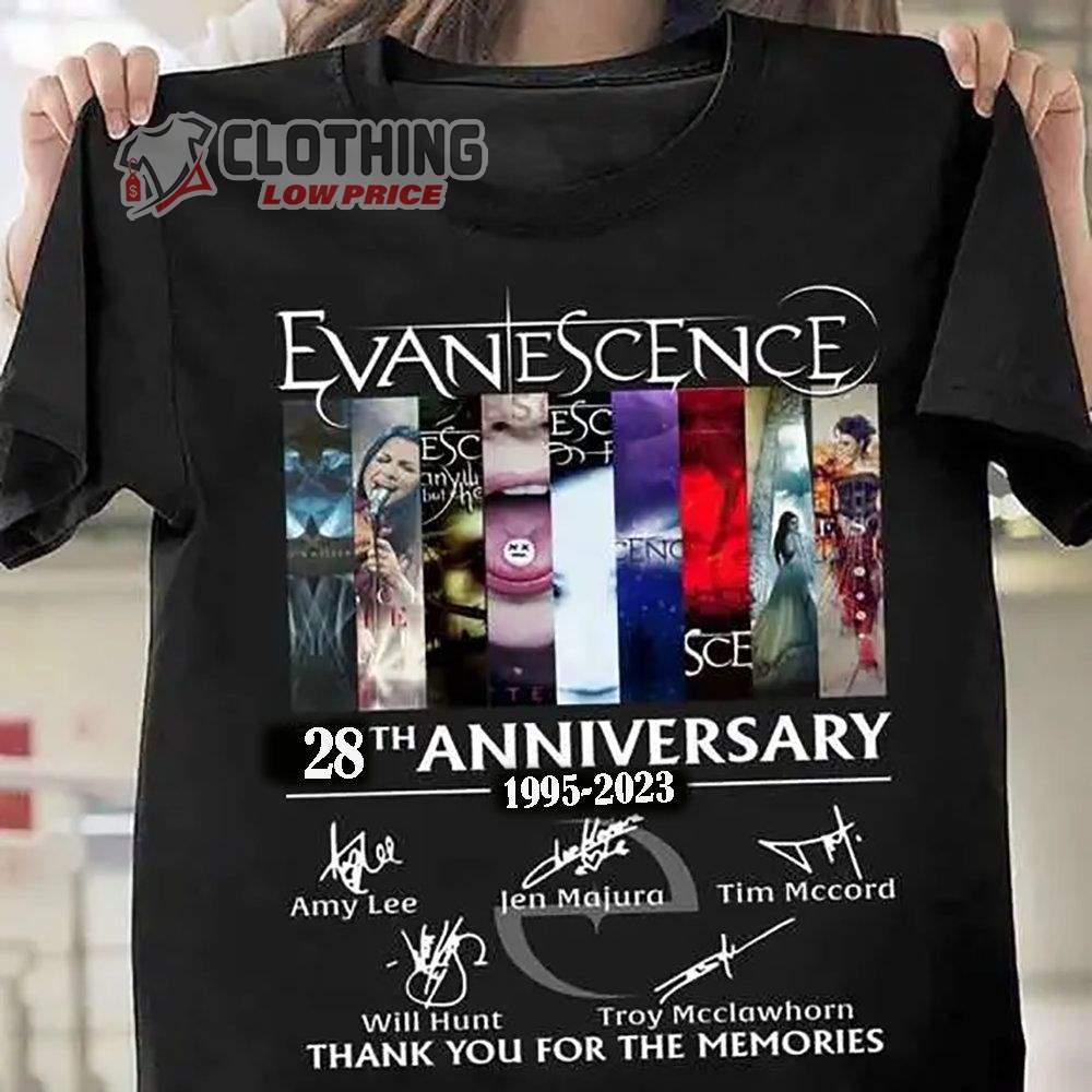 Evanescence Band 28Th Anniversary 1995-2023 Merch, Evanescence Thank You For The Memories Signatures T-Shirt