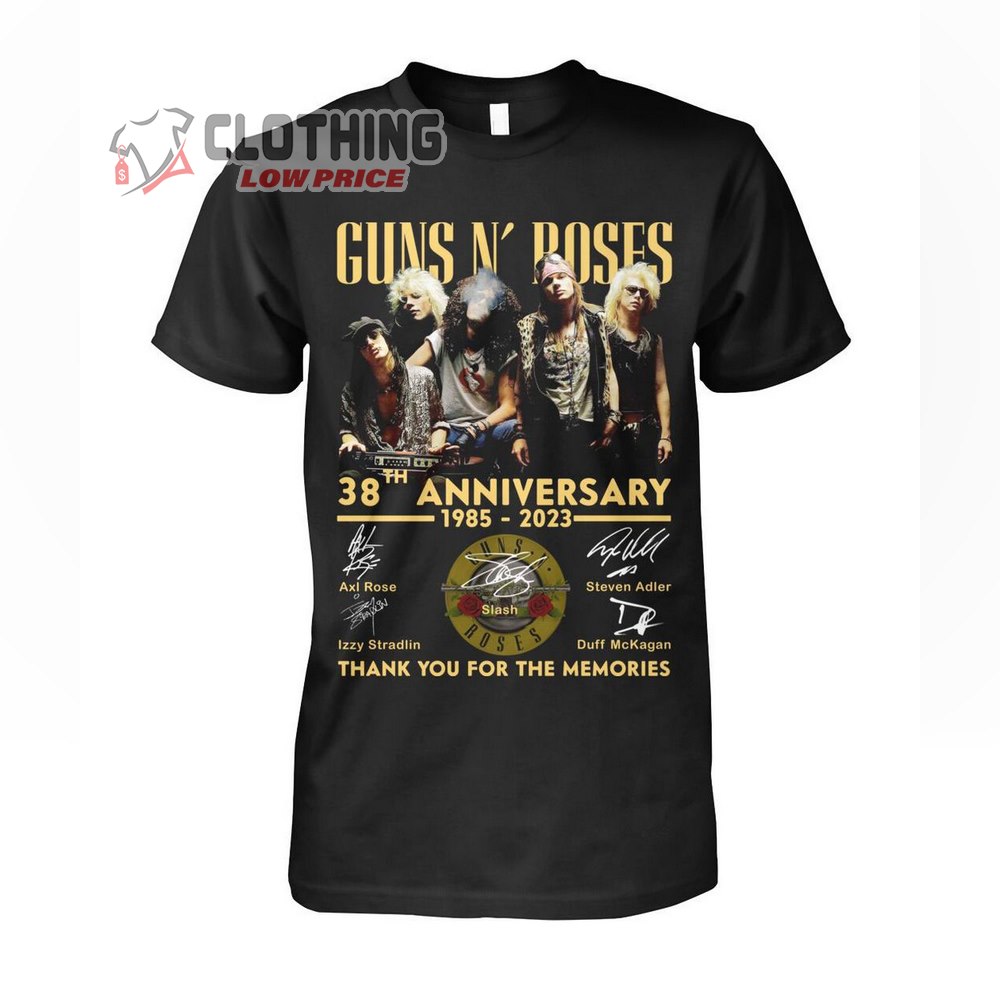 Guns N' Rose 38th Anniversary 1985-2023 Merch, Guns N' Rose Thank You For The Memories Signatures T-Shirt