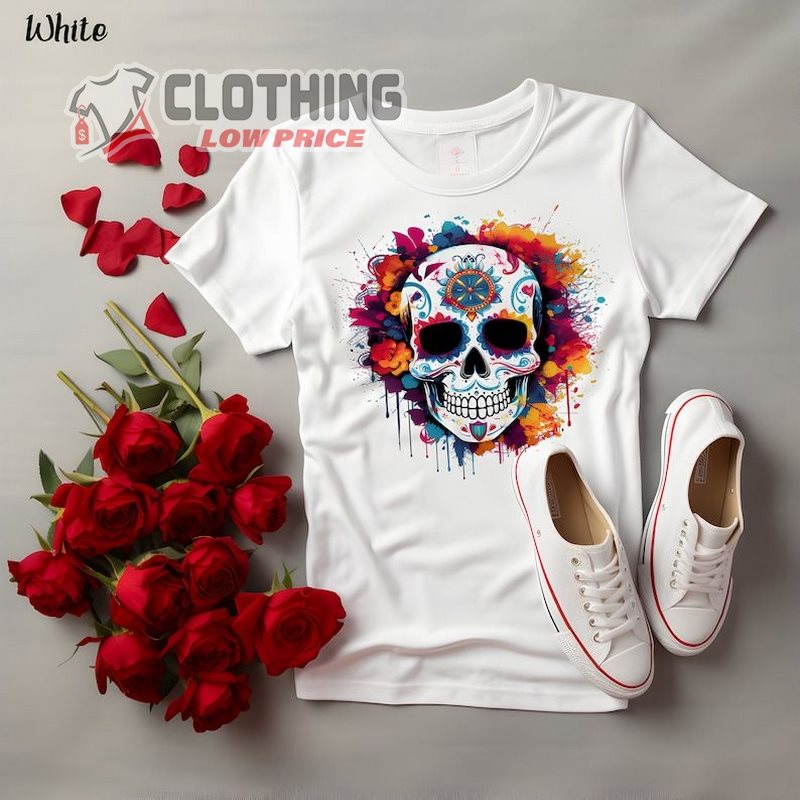 Halloween Tshirt Skull Colorfull Scary Skeleton Day Of Dead Halloween Shirt, Dia De Los Muertos Skull Flowers Halloween Tee