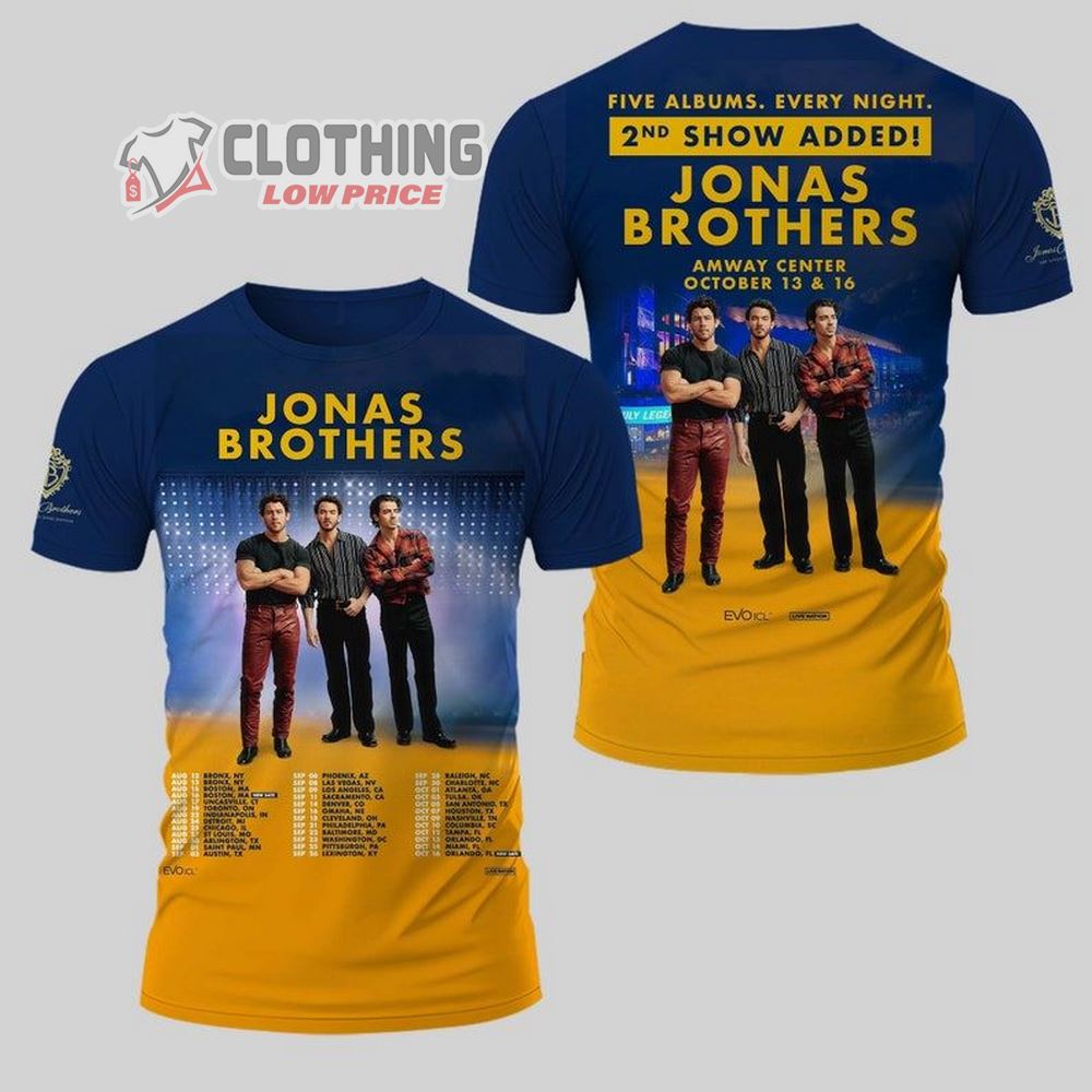 Jonas Brothers New Tour Dates Hoodie, Jonas Brothers The Tour 2023 Shirt, Jonas Brothers Pop Rock Band 3D Shirt, Five Albums Every Night Tee Sweatshirt