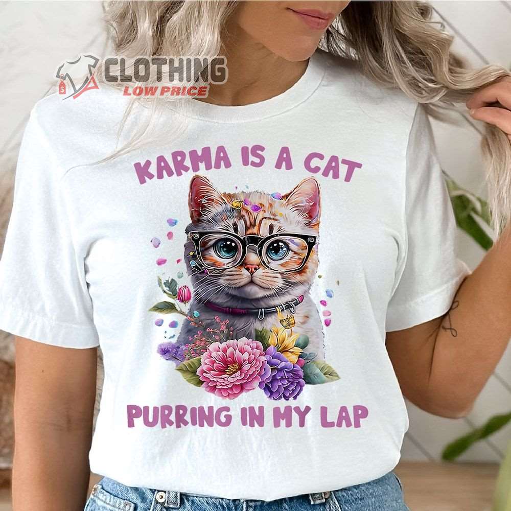 Karma Is A Cat Merch, Flower Cat Purring In My Lab Shirt, Swiftie Youth T-Shirt