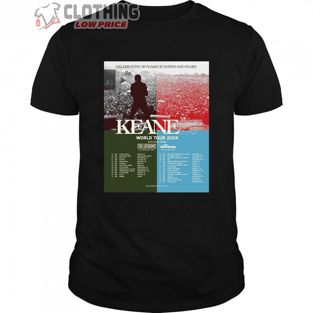 Keane World Tour 2024 With Special Guests Merch, Keane 20 Tour Dates Shirt, Keane Celebrating 20 Years Of Hopes And Fears T-Shirt