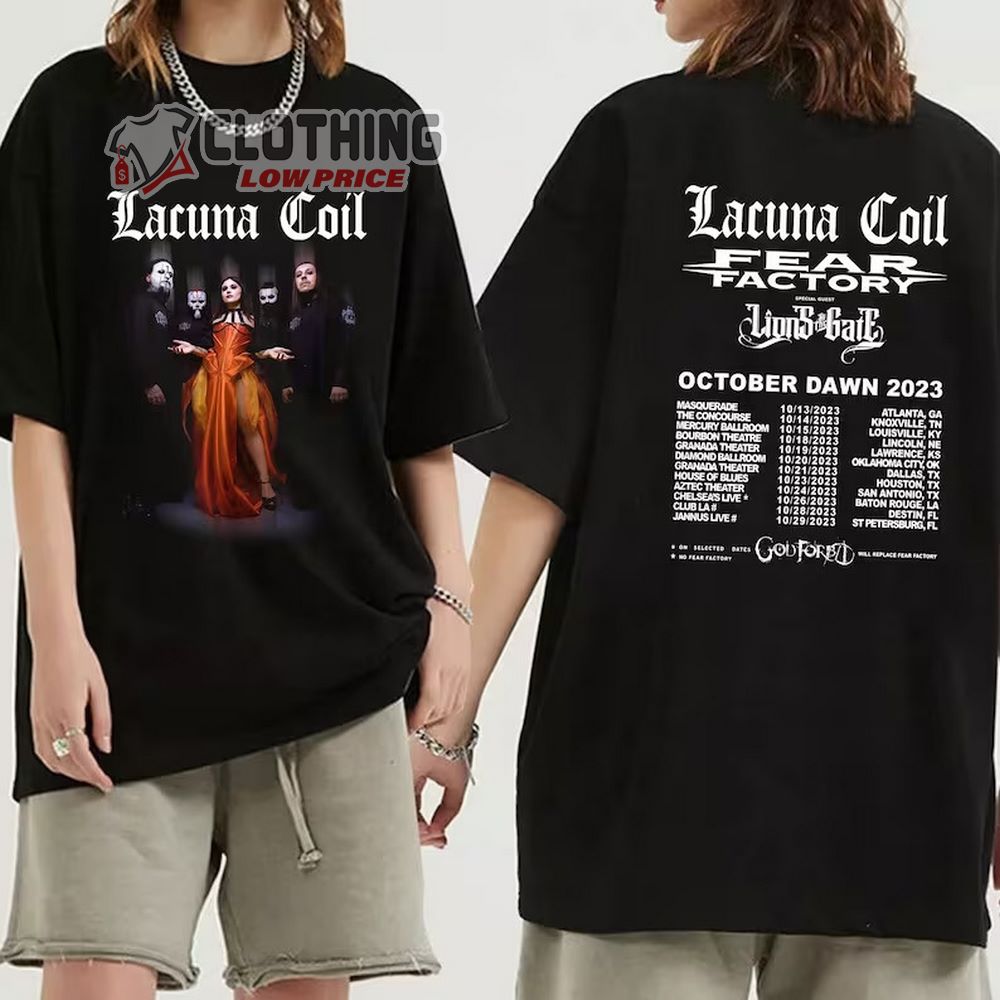 Lacuna Coil And Fear Factory US Tour 2023 Merch, Lacuna Coil 2023 Dawn US Tour Shirt, Lacuna Coil 2023 Concert With Lions At The Gate T-Shirt