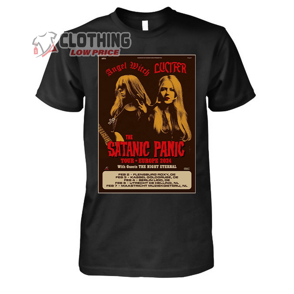 Lucifer And Angel Witch Tour 2024 Europe Merch, Lucifer And Angel The Satanic Panic Shirt, Lucifer And Angel With Guests The Night Eteral T-Shirt