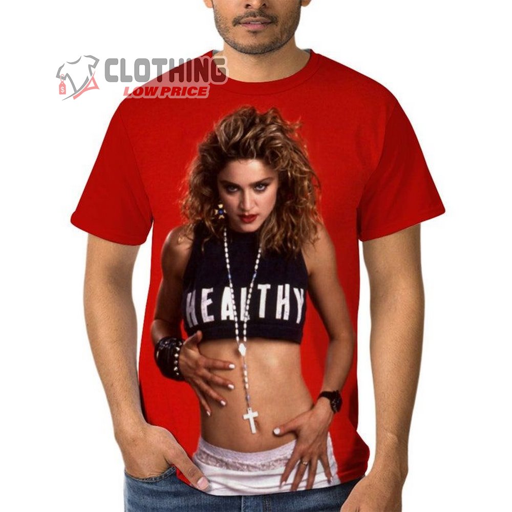 Madonna Healthy Top Retro 80S 3D All Printed Red T-Shirt For Men And Women, Madonna Net Worth Merch