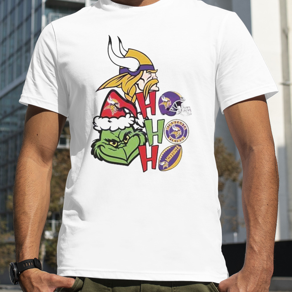 Santa Grinch Head Ho Ho Ho Minnesota Vikings Logo Shirt