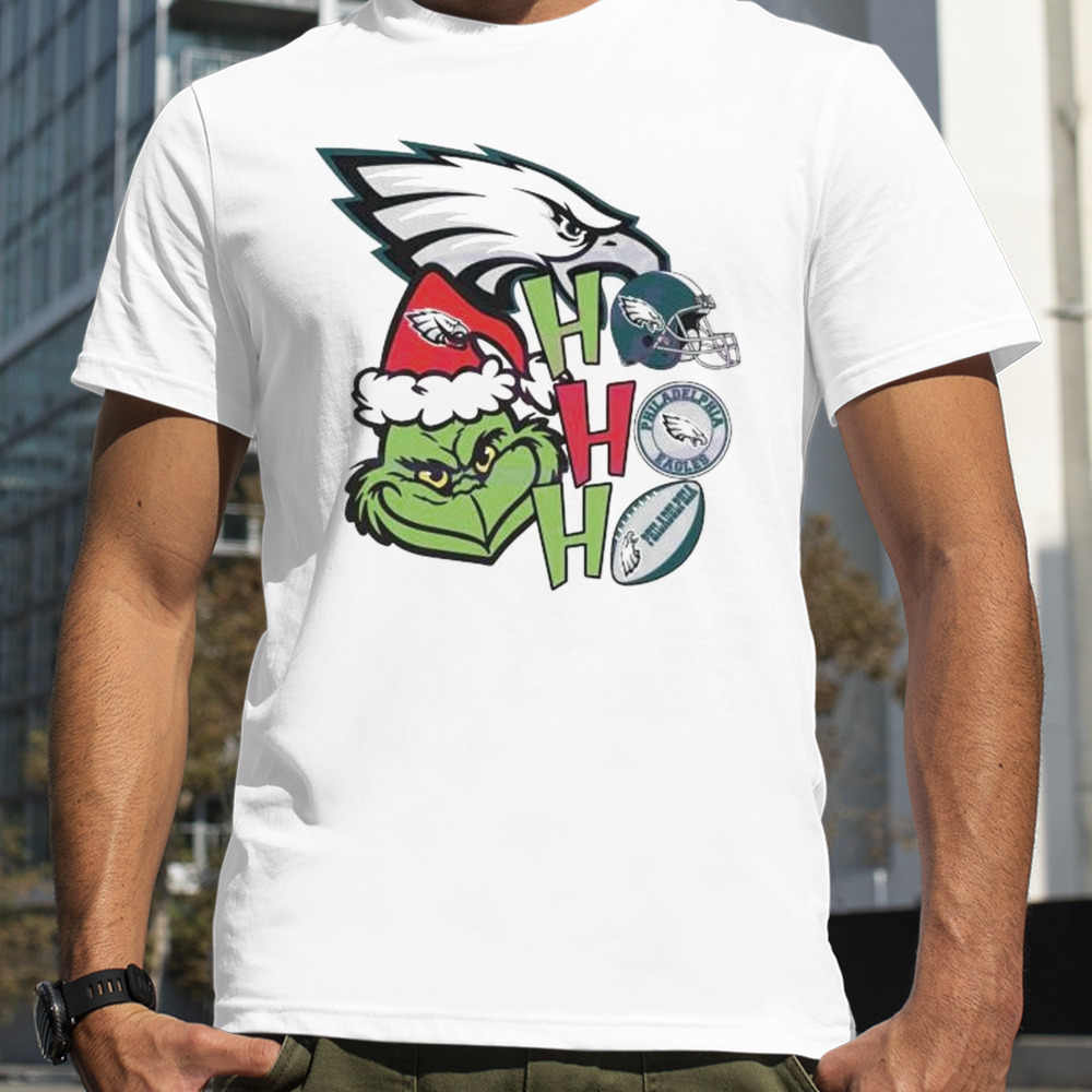 Santa Grinch Head Ho Ho Ho Philadelphia Eagles Logo Shirt