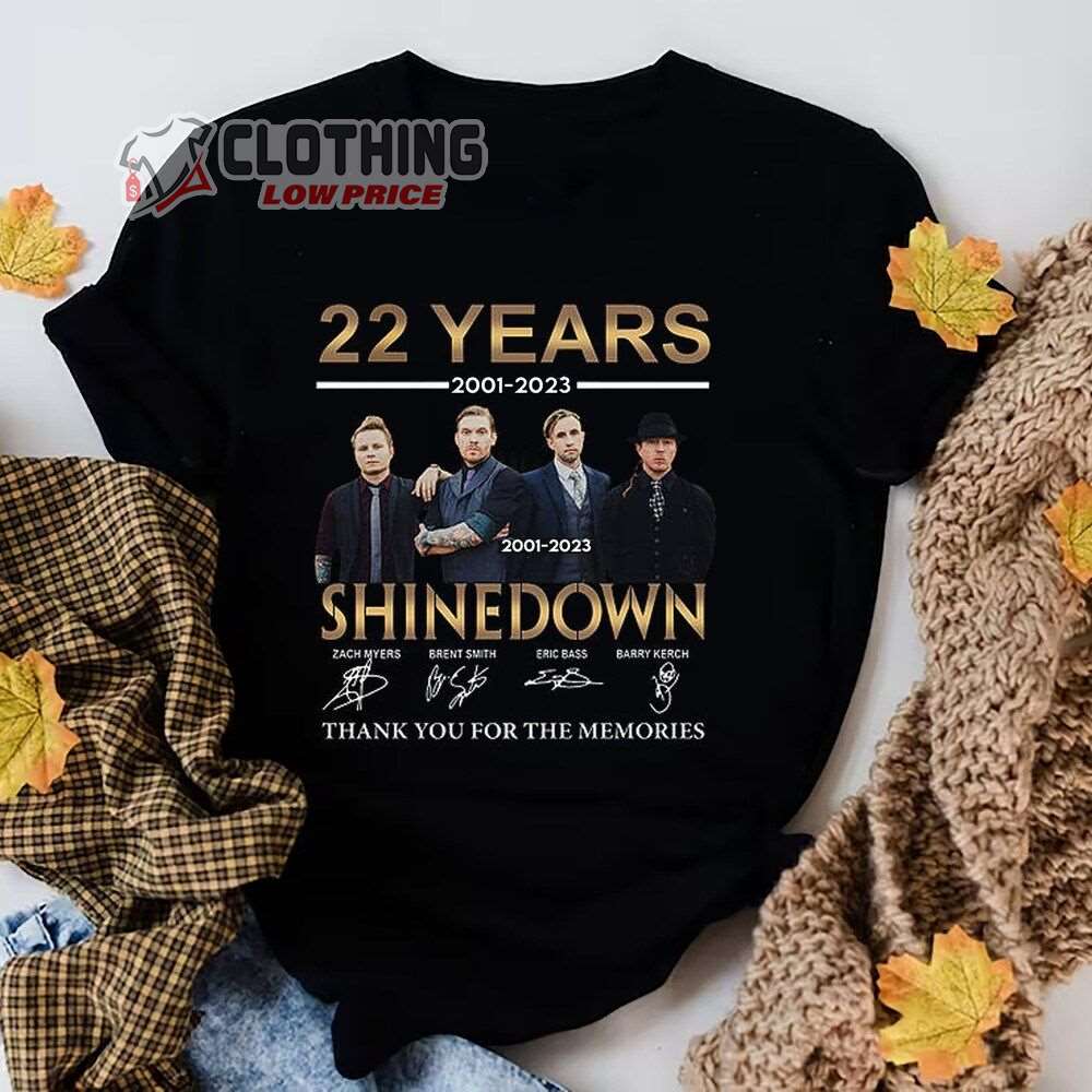 Shinedown Band 22 Years 2001-2023 Sigantures Merch, Shinedown Band Tour 2023 Thank You For The Memories T-Shirt