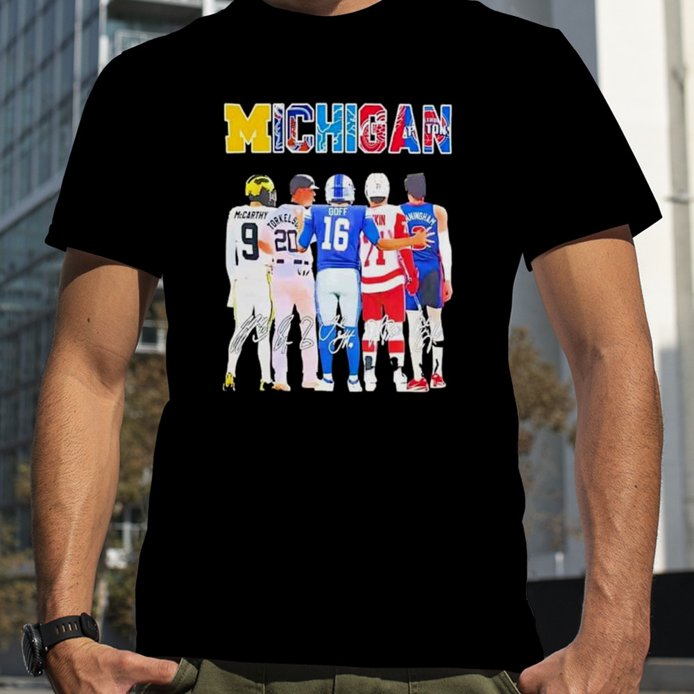 Michigan Sports Teams Mccarthy Torkelson Goff Larkin And Cunningham Signatures T-Shirt