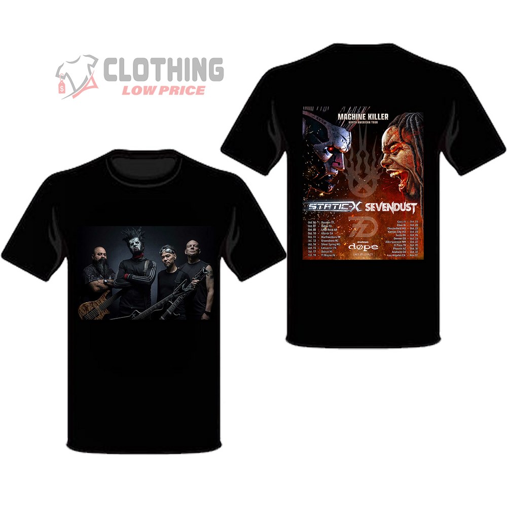 Static-X, Fear Factory, Dope North American Tour 2023 Merch, Static-X, Sevendust And Dope Announce Fall 2023 Sweatshirt, Sevendust Tickets And Setlist T-Shirt