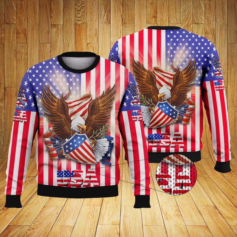 Usa Eagle American Flag Ugly Christmas Sweater - Chow Down Movie Store