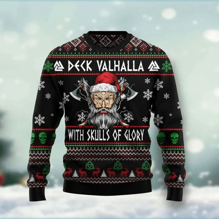 Viking Deck Valhalla Ugly Christmas Sweater - Chow Down Movie Store