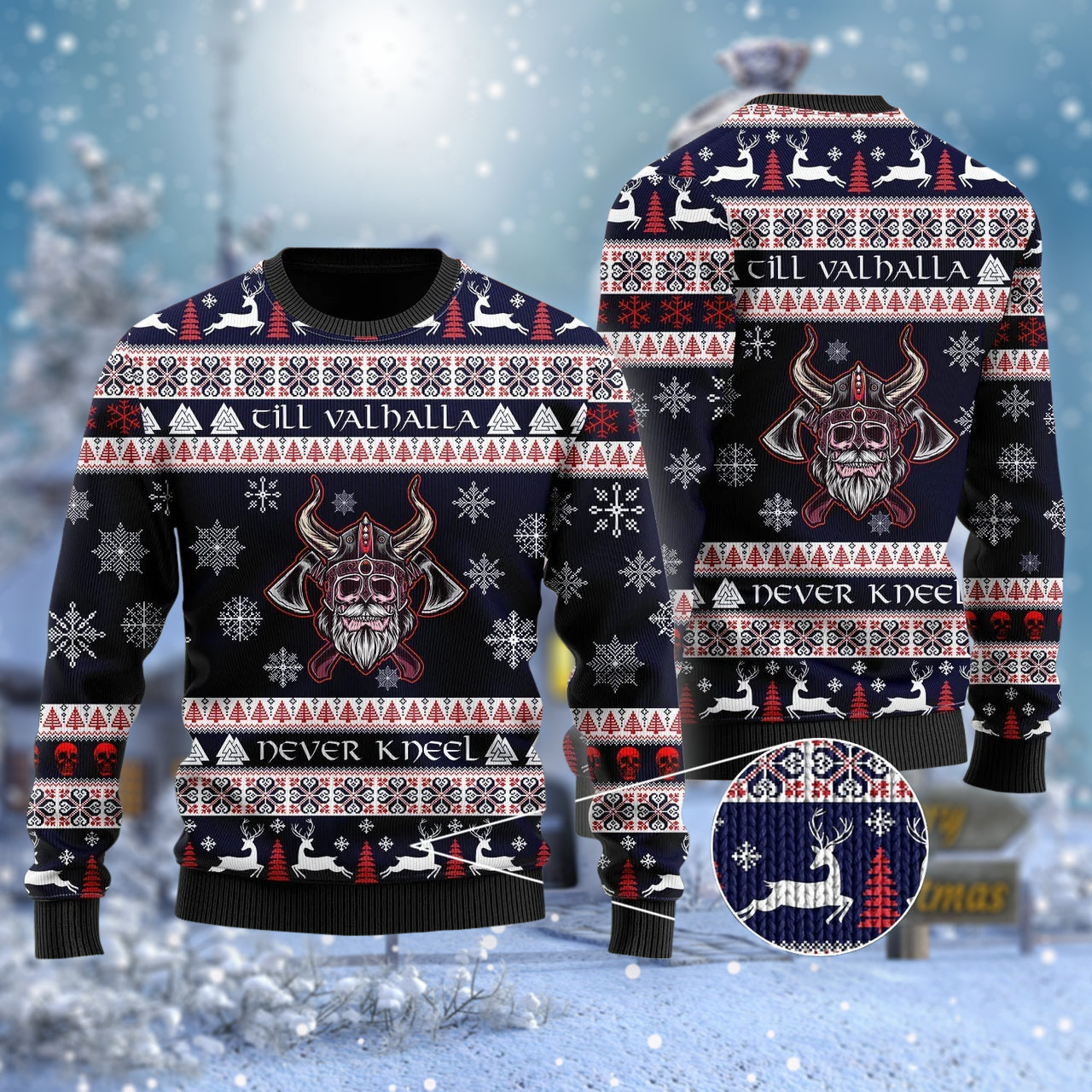 Viking Till Valhalla Never Kneel Ugly Sweater - Chow Down Movie Store