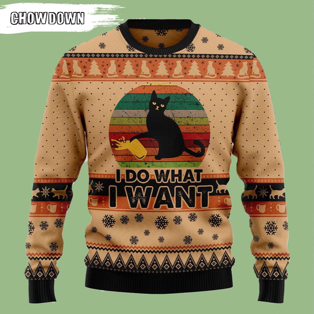 Vintage I Do What A Want Black Cat Ugly Christmas Sweater - Chow Down Movie Store