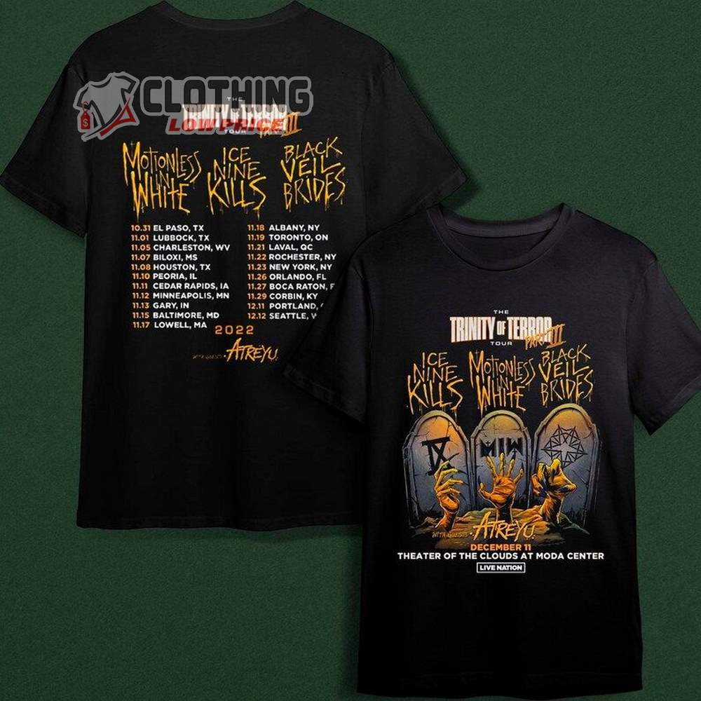 The Trinity Of Terror Tour Part III 2022 Merch, Ice Nine Kills Black Veil Brides Miw Band T-Shirt