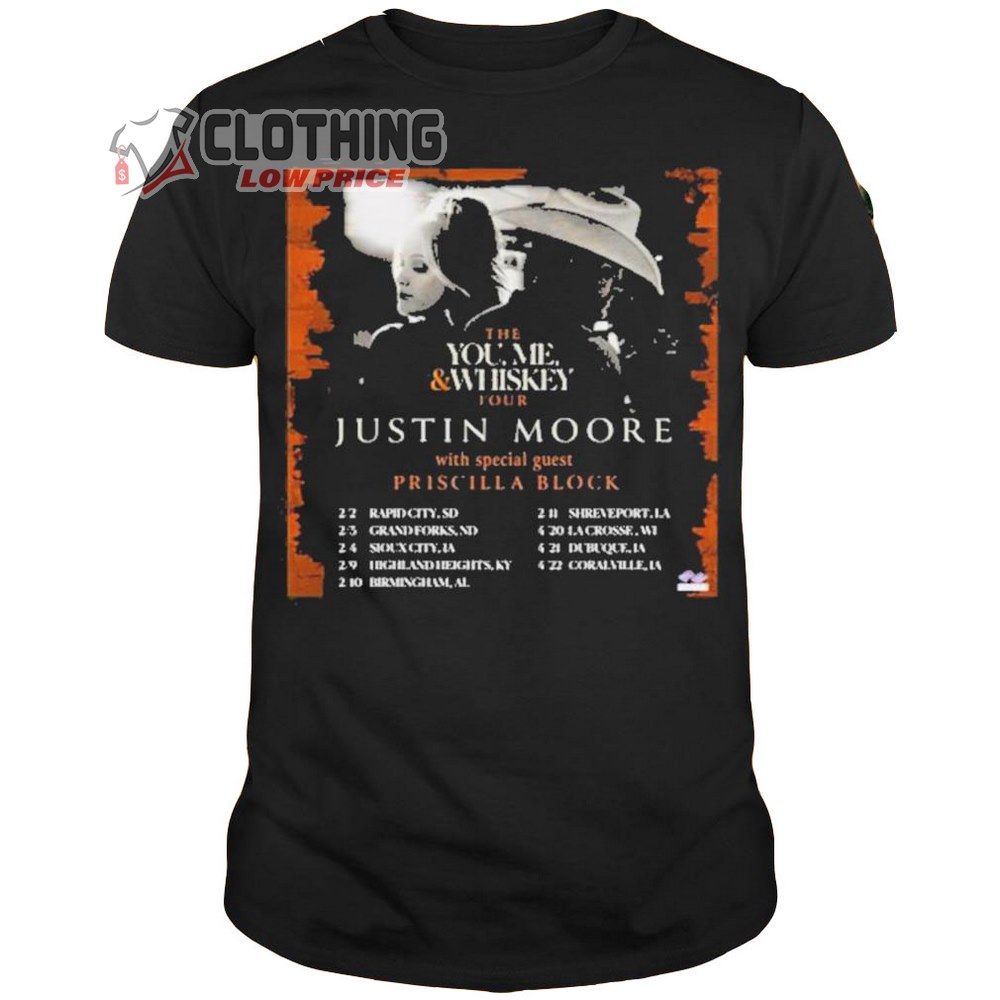 The You Me And Whiskey Tour 2023 Justin Moore Merch, Justin Moore Tour Shirt, The You Me And Whiskey Tour 2023 With Special Guest T-Shirt