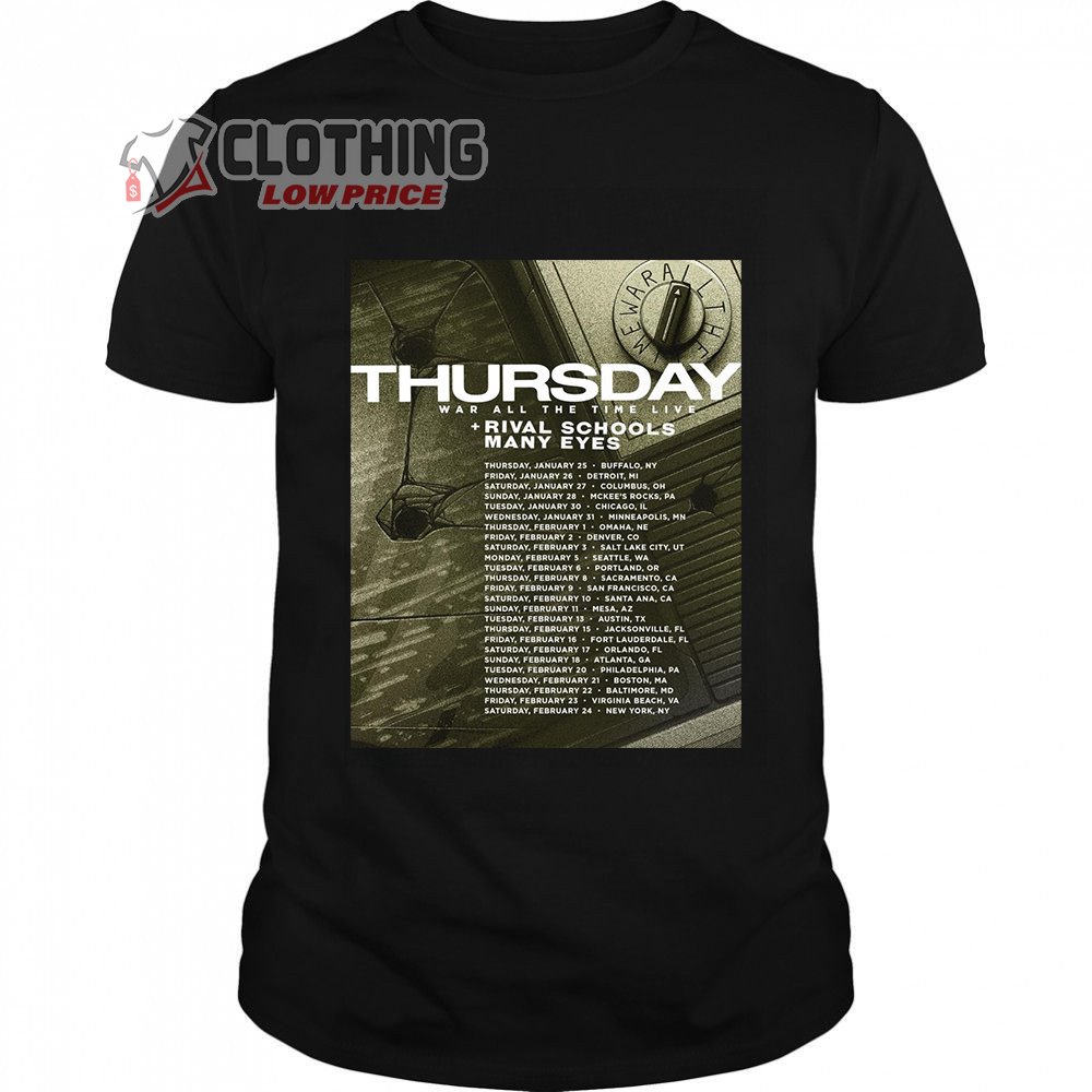 Thursday 2024 US Tour War All The Time Live Merch, Thursday 2024 US Tour With Rival Schools and Many Eyes T-Shirt