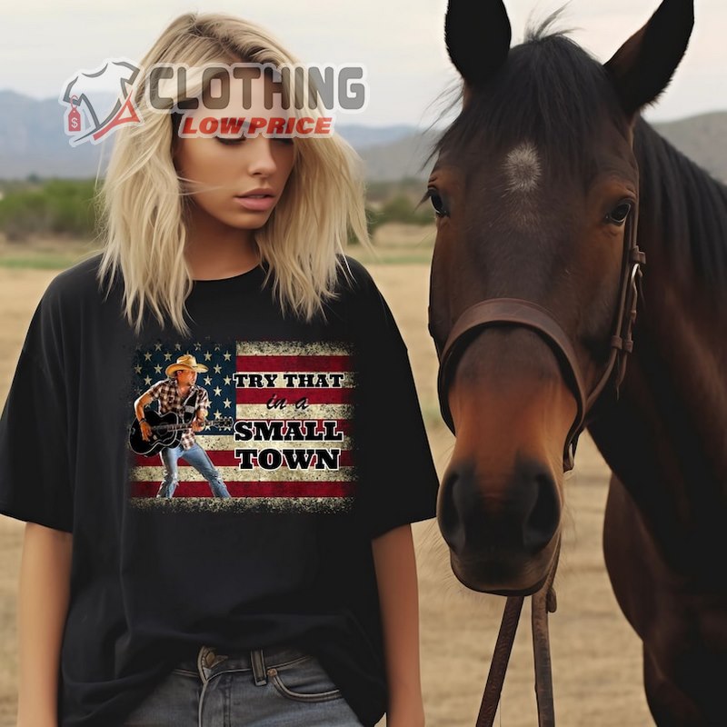 Try that in A Small Town T-Shirt, Jason Aldean Guitar Patriotic American Flag Tee, Jason Aldean Merch