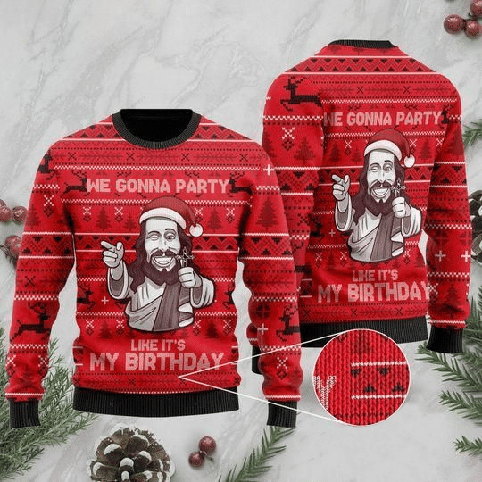 We Gonna Party Like It's My Birthday Jesus Ugly Christmas Sweater US1012 - Chow Down Movie Store