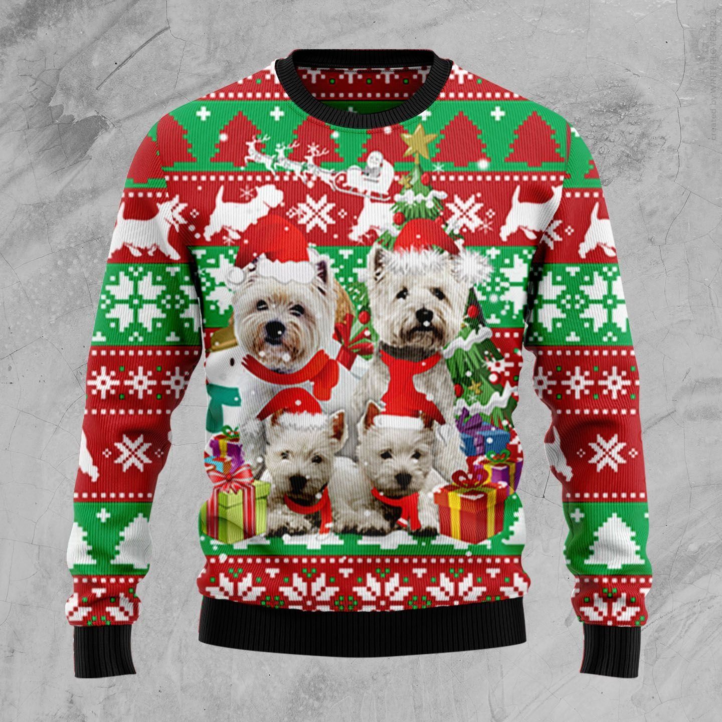 West Highland White Terrier Family Christmas Ugly Christmas Sweater - Chow Down Movie Store