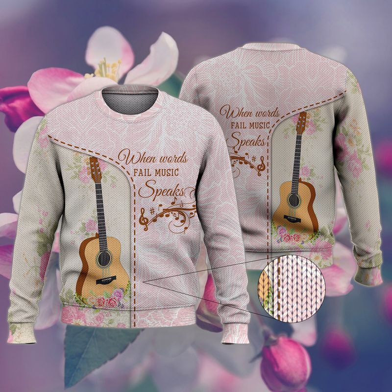 When Words Fail Music Speaks Guitar Pink Ugly Christmas Sweater - Chow Down Movie Store