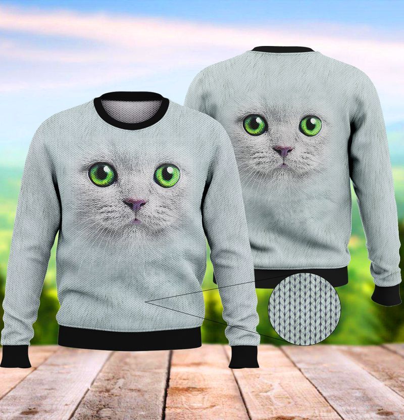 White Cat With Green Eyes Ugly Christmas Sweater - Chow Down Movie Store