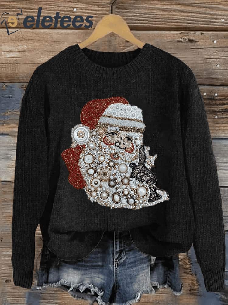 Women Shiny Jewelry Santa Claus Print Christmas Casual Sweatshirt