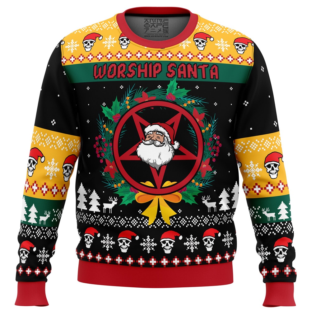 Worship Santa Ugly Christmas Sweater - Chow Down Movie Store