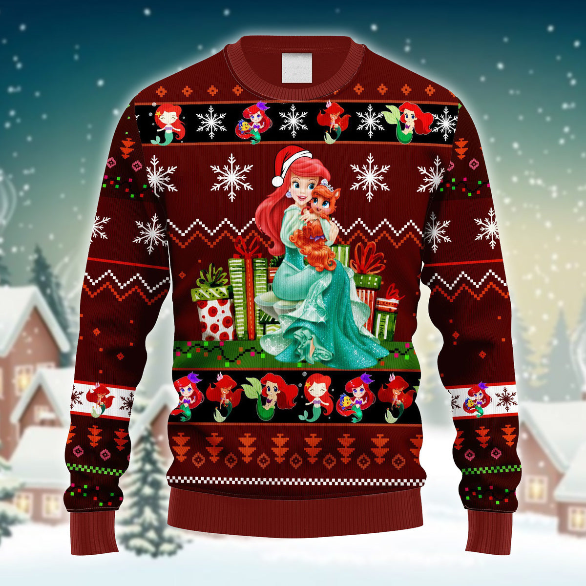 Xmas Little Ariel Mermaid Red Brown Ugly Sweater - Chow Down Movie Store