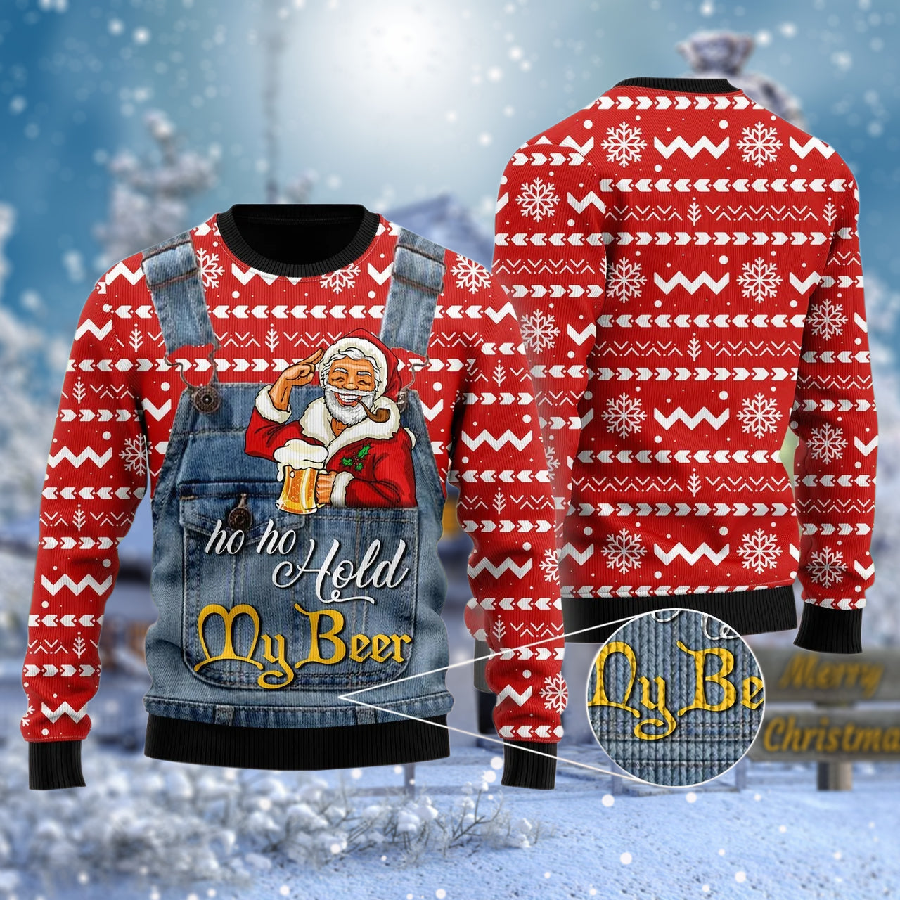 Xmas Santa Ho Ho Hold My Beer Ugly Sweater - Chow Down Movie Store