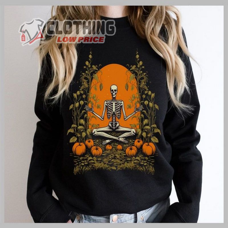 Yoga Skeleton Halloween Sweatshirt, Pumpkin Field Sweater Pumpkins Shirt, Fall Skeleton Snoopy Pumpkin Garden Halloween Sweater