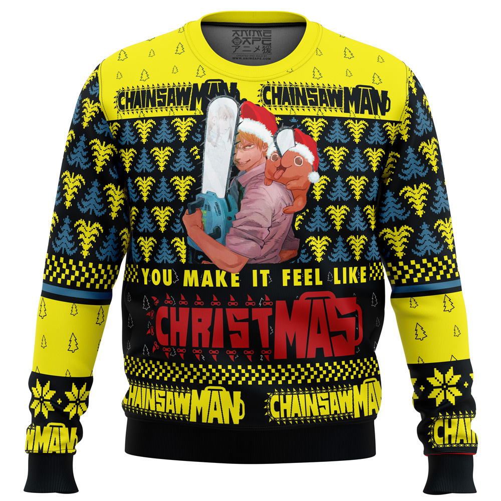 You Make It Fell Like Christmas Chainsaw Man Ugly Christmas Sweater - Chow Down Movie Store