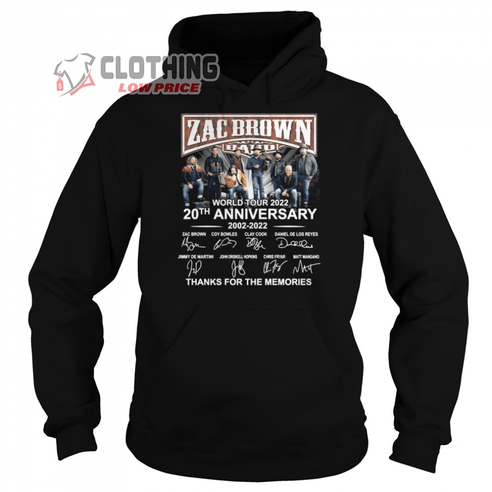 Zac Brown Tour Dates 2023 Hoodie, Zac Brown Band World Tour 2022 20th Anniversary 2002- 2022 Signatures Thanks For The Memories T- Shirt, Guitar Player Zac Brown Band Shirt