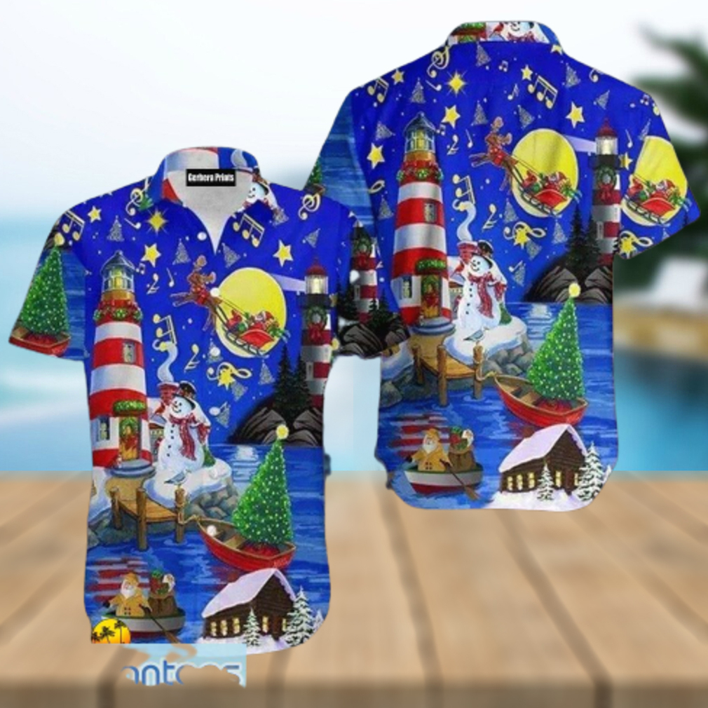 Amazing Sky In Christmas Day Santa Claus Lighthouse Blue Aloha 3D Hawaiian Shirt For Men And Women - Limotees