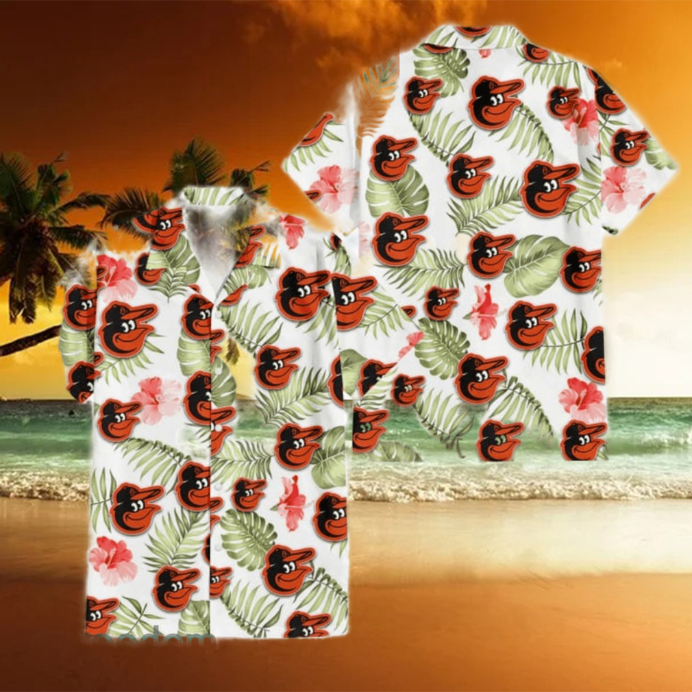 Baltimore Orioles Light Salmon Hibiscus Green Leaf White Background 3D Hawaiian Shirt - Limotees