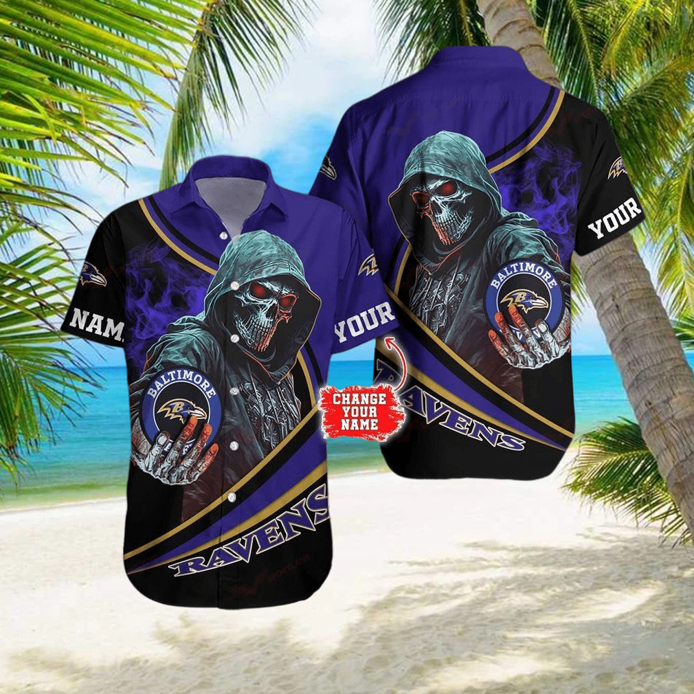 Baltimore Ravens NFL Halloween Skull Tropical Team Spirit Hawaiian Shirt Custom Name - Limotees